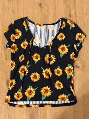 Sunflower Print Black Women's Tee